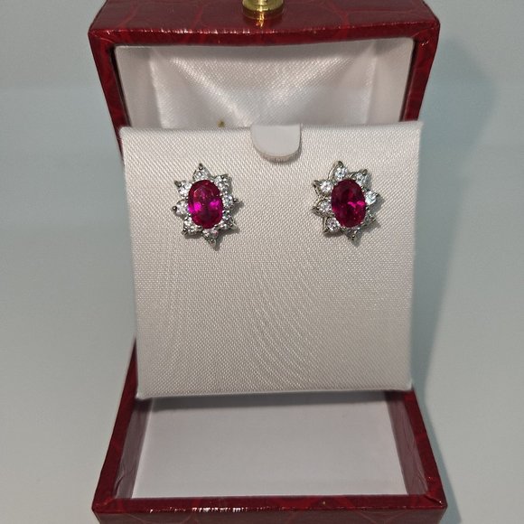 Simulated Ruby Red/White Oval Stud Earrings - Picture 10 of 12